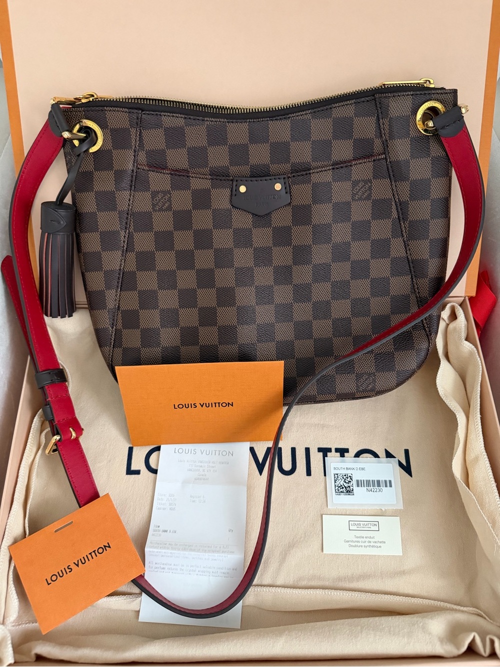 Louis Vuitton Damier Ebene Shoulder Bag with Red Strap and Tassel
